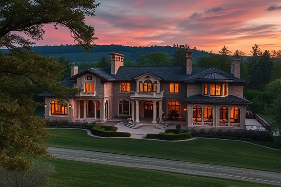 luxury mansions, opulent grace, sprawling layout, photorealistic, nestled in a serene countryside, highly detailed, wind rustling through trees, high definition, deep crimson tones, ambient twilight glow, shot with a 50mm lens.