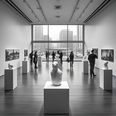 contemporary gallery space, serene expression, highlighting minimalist sculptures, photorealistic, open gallery with glass walls and city view, highly detailed, visitors exploring installations, f/5.6 aperture, monochromatic palette, natural daylight, shot with a 35mm lens.