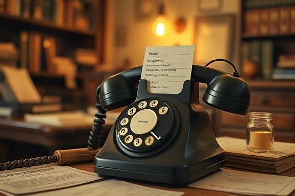 vintage contact details, nostalgic feel, displayed on a rotary dial phone, photorealistic, old study room background with wooden furniture and papers, highly detailed, flickering candle light, film grain texture, sepia tones, warm lighting, shot with an 85mm lens.