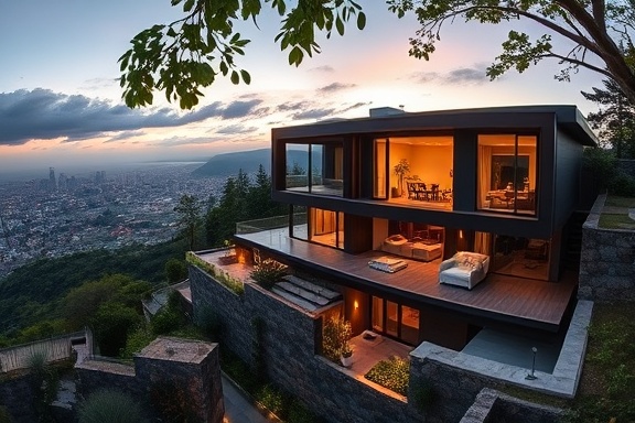 luxury villas, modern sophistication, sleek design, photorealistic, perched on a hillside with panoramic city views, highly detailed, leaves rustling in the breeze, super high resolution, dark wood and stone accents, evening soft light, shot with a fisheye lens.