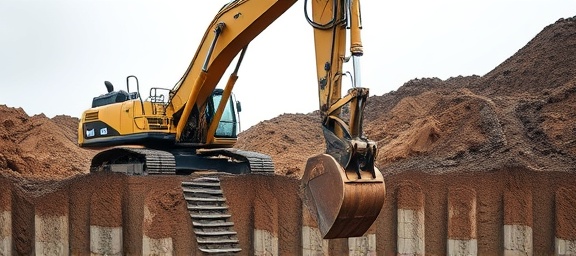 massive construction machinery, powerful stance, excavating a foundation, photorealistic, mountain of dirt and open trench setting, highly detailed, tracks leaving marks on the soil, ISO 100, f/4.5, 1/250s, muted earth tones, overcast soft lighting, shot with a 70-200mm telephoto lens.