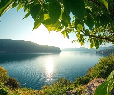 Biophilic EcoFriendly design, harmonious, inspired by natural forms and patterns, photorealistic, overlooking a pristine lake shimmering under the soft sunlight, highly detailed, leaves swaying gently with the breeze, high-definition detail, natural green and earthy tones, soft natural lighting, shot with a fisheye lens.