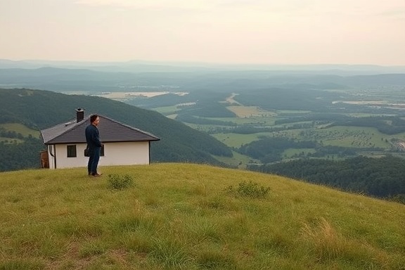 minimalistic sold property, satisfied expression, situated on a hill overlooking a valley, photorealistic, expansive view with rolling hills and distant forests, highly detailed, gentle breeze moving the grass, f/8 aperture, earthy green, diffused lighting, shot with a 35mm prime lens.