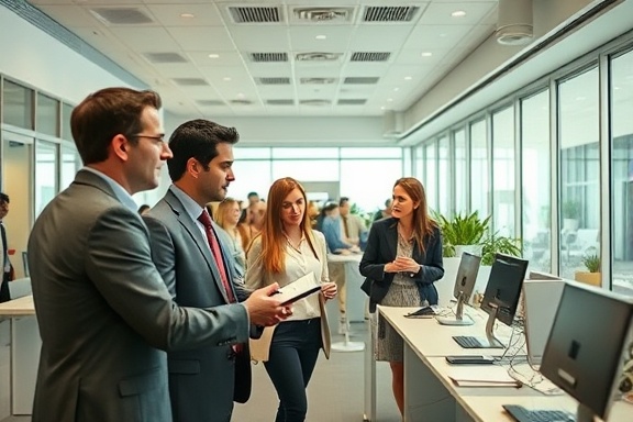 busy mobilehomesales transaction, dynamic, capturing realtor-client interaction, photorealistic, bustling real estate office with modern decor and technology, highly detailed, subtle movement of people and papers, high-resolution, bright and clear tones, overhead lighting, shot with a 35mm lens.