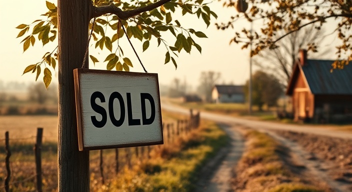 used rustic sold listing sign, hopeful expression, swinging from a wooden stake, photorealistic, rural area with farms and a dirt road, highly detailed, leaves rustling in the wind, ISO 100, deep brown, soft morning light, shot with a 85mm telephoto lens.