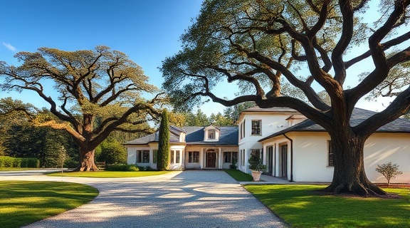 luxury estates, timeless charm, seamless blend with nature, photorealistic, bordered by ancient oak trees under a clear sky, highly detailed, shadows dancing on gravel paths, pristine resolution, slate grey roof and cream walls, diffused light of the afternoon, shot with a 35mm prime lens.
