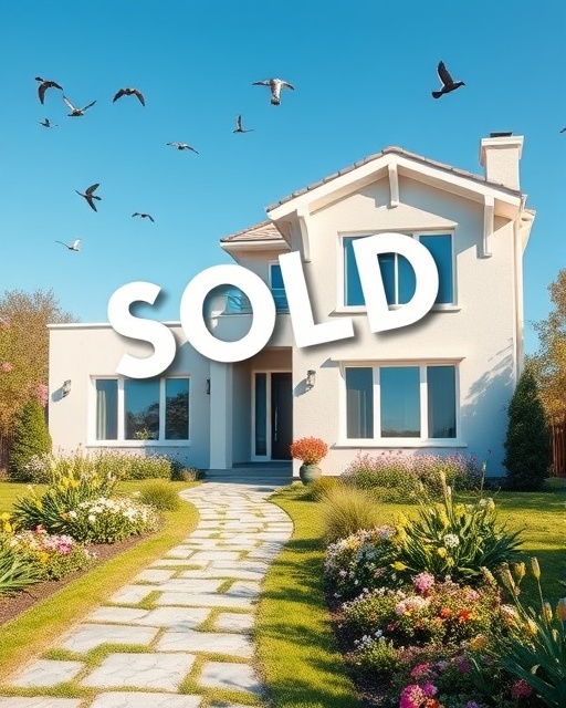 modern sold house, triumphant expression, newly renovated exterior, photorealistic, lush garden with blooming flowers and a stone path leading to the entrance, highly detailed, birds flying in the background, ISO 200, bright blue, midday sunlight, shot with a 24mm wide-angle lens.