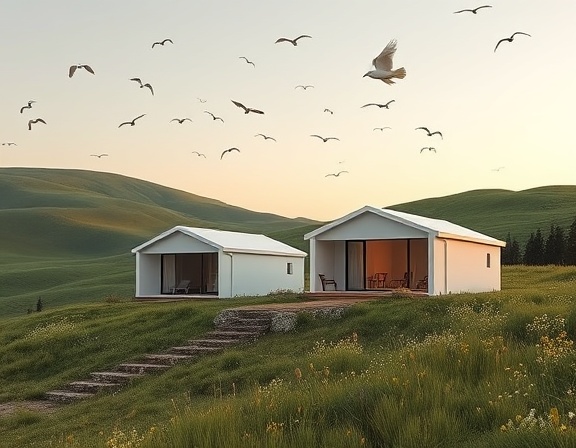 Minimalist EcoFriendly homes, tranquil, blending into the natural landscape, photorealistic, surrounded by rolling green hills and wildflowers, highly detailed, birds flying overhead, maximum texture mapping, pastel colors, golden hour lighting, shot with a 24mm wide lens.