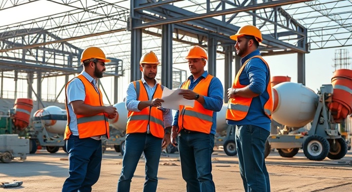 collaborative construction workers, discussing plans, pointing and gesturing, photorealistic, steel beams and cement mixers in the backdrop, highly detailed, shadows of sun hats stretching on the ground, ISO 320, f/9, 1/160s, bold contrasts of blue and orange, late afternoon sunlight, shot with a 24-70mm zoom lens.