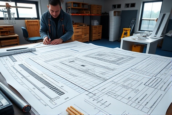 intricate construction blueprints, laid out on a table, overseen by engineers, photorealistic, office trailer with tools and models in the background, highly detailed, wind rustling papers slightly, ISO 200, f/4, 1/80s, crisp blues and whites, natural window light, shot with a 85mm prime lens.