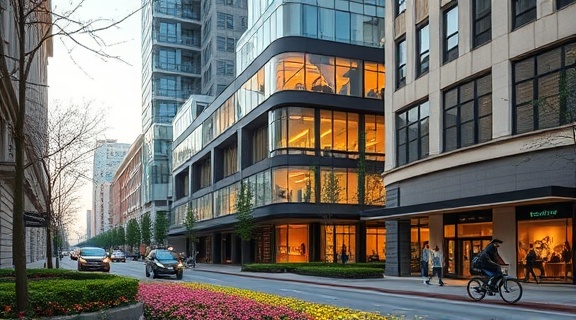 Chic EcoFriendly architecture, elegant, featuring zero-emission technology, photorealistic, along a vibrant city street bustling with pedestrians and cyclists, highly detailed, urban park in the foreground, rich color gradients, dynamic city ambient lighting, shot with a 50mm standard lens.