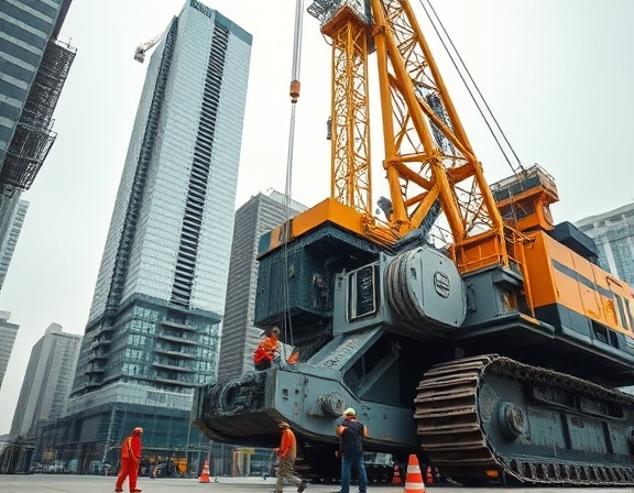 large construction equipment, imposing presence, towering over workers, photorealistic, urban setting with skyscrapers partially constructed, highly detailed, movement of machinery parts, ISO 200, f/8, 1/125s, industrial grays and yellows, soft diffused light, shot with a 50mm standard lens.