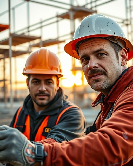 hard-working construction workers, focused expressions, tirelessly assembling structures, photorealistic, scaffolding and building framework in the background, highly detailed, sweat glistening on their brows, ISO 400, f/11, 1/100s, vibrant safety gear colors, warm golden hour light, shot with a 35mm lens.
