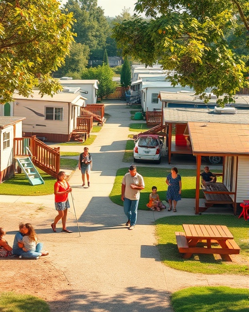 charming mobilehomesales park, lively, families enjoying outdoor amenities, photorealistic, park setting with play areas, picnic spots, and children playing, highly detailed, animated community interactions, panoramic perspective, warm and inviting hues, afternoon light, shot with a 35mm lens.